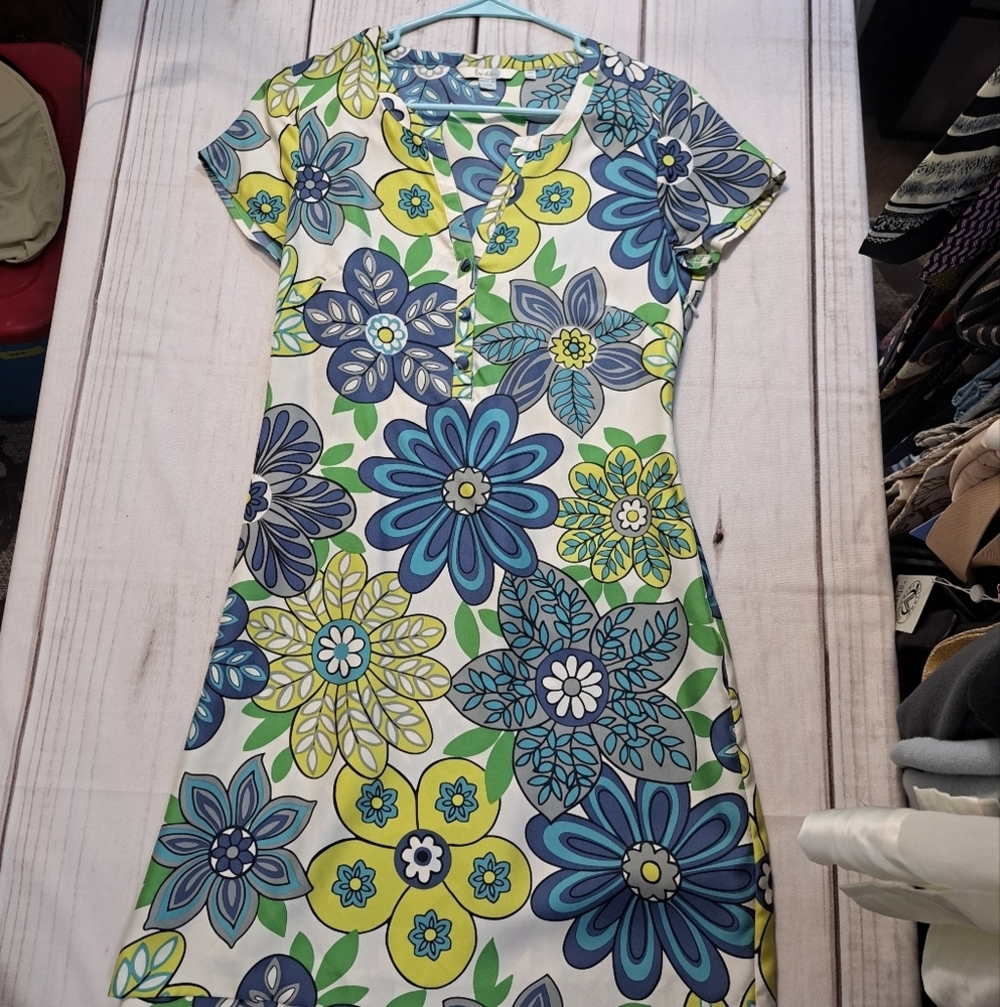 Boden Blue Green Yellow Silk Floral Vneck Mini Sundress Dress Women's Size 4 - Picture 2 of 10